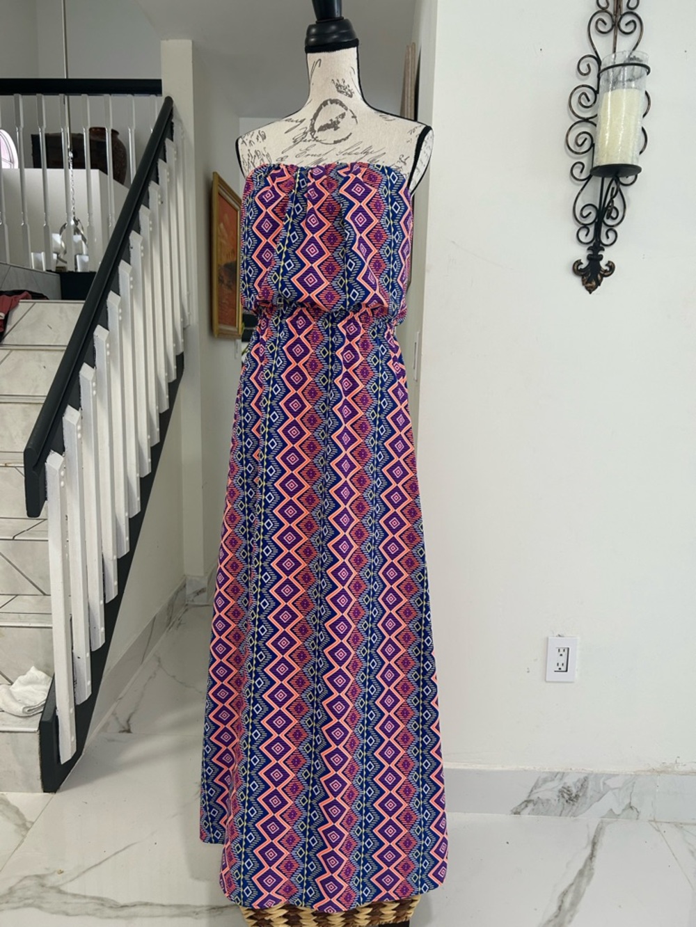Strapless Geometric Maxi Dress Multicolor Polyester Size M Sleeveless